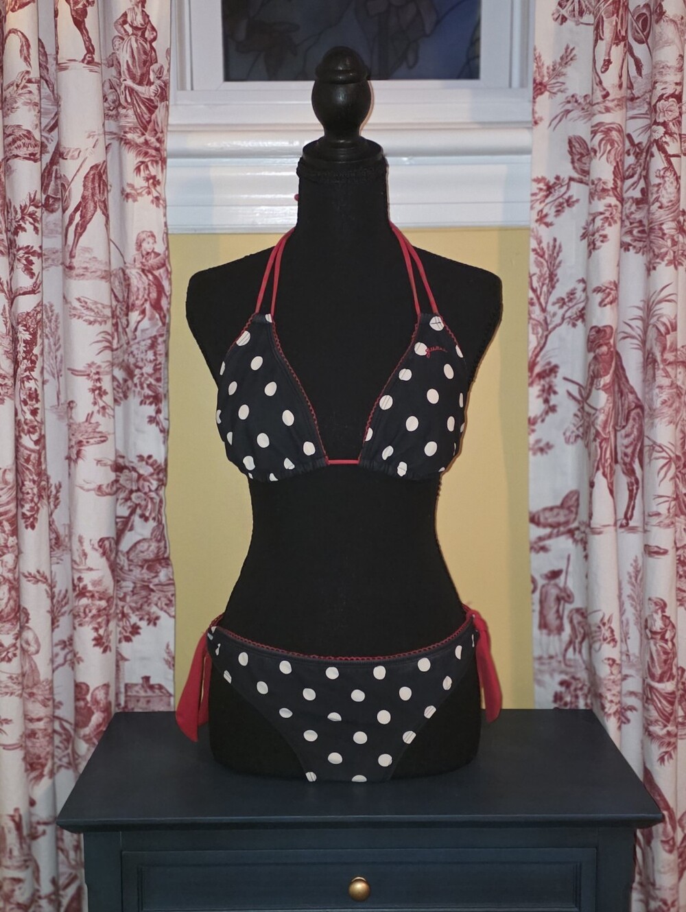 GUESS Navy Blue White Polka Dot Red Tie Bikini
